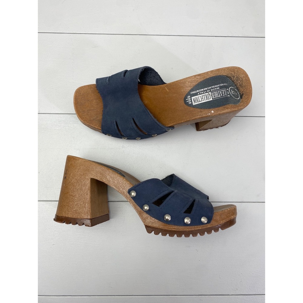 The Leather Collection Vintage 70s Platform Clogs Womens 6‎ Navy Blue Wood Heel